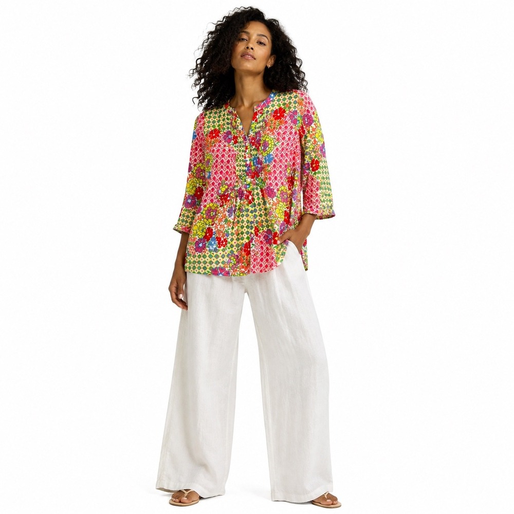 Talbots Floral Geometric Tunic Blouse M 100% Cotton Boho Summer Top Vivid Resort